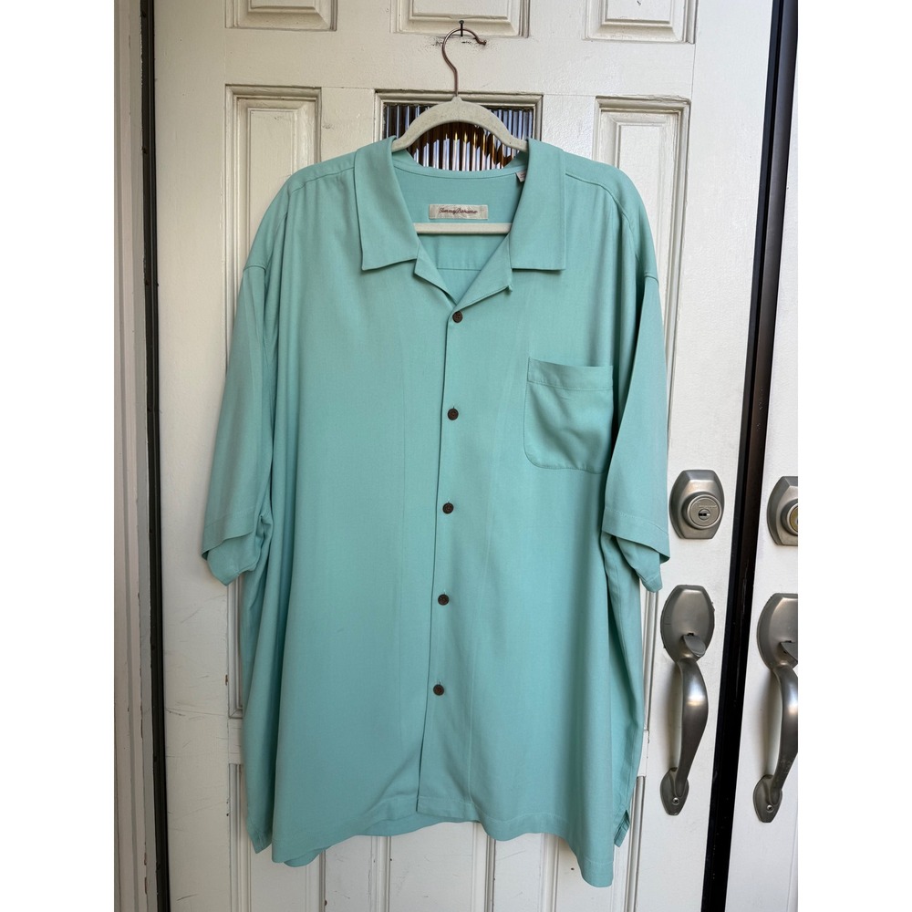 Tommy Bahama Men Silk Herringbone Camp Shirt Seafoam Green Short Sleeve Size 3XL